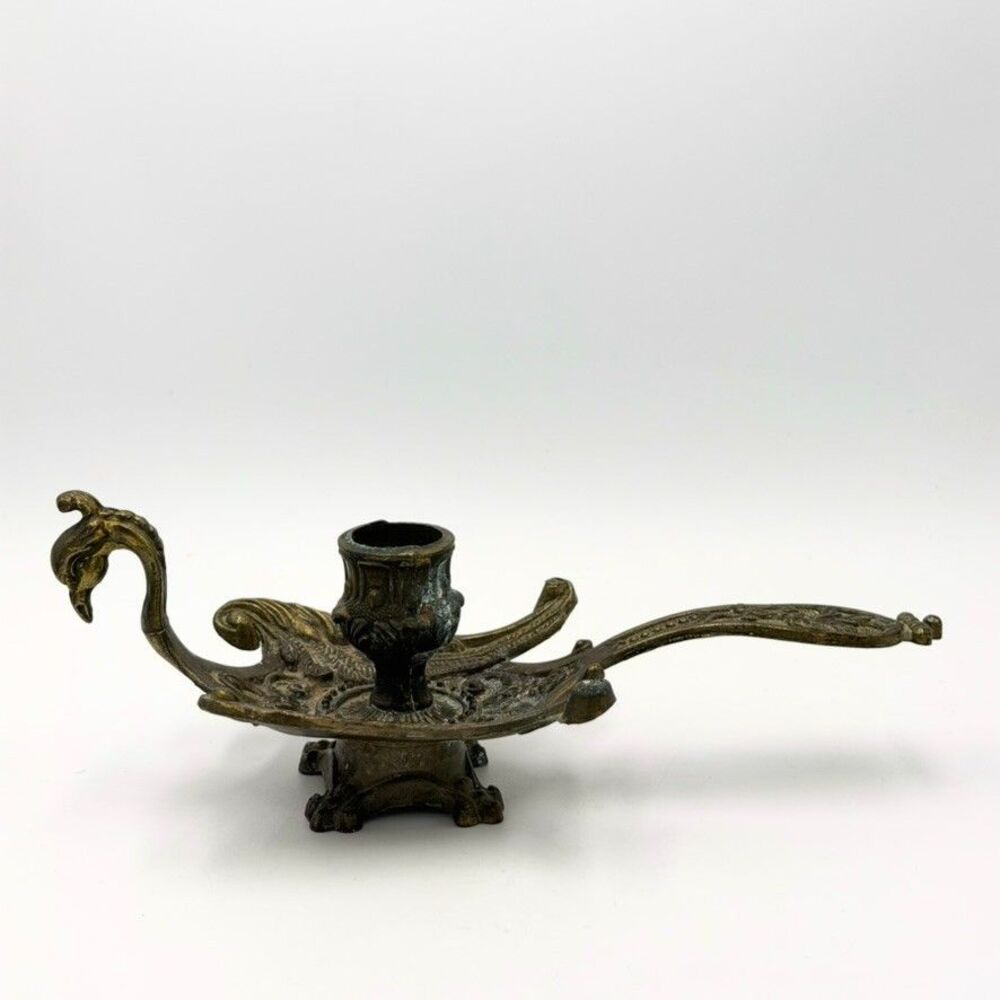 Vintage Cigno Italy Brass Swan Chamberstick Candle Holder Ornate 8" Italian